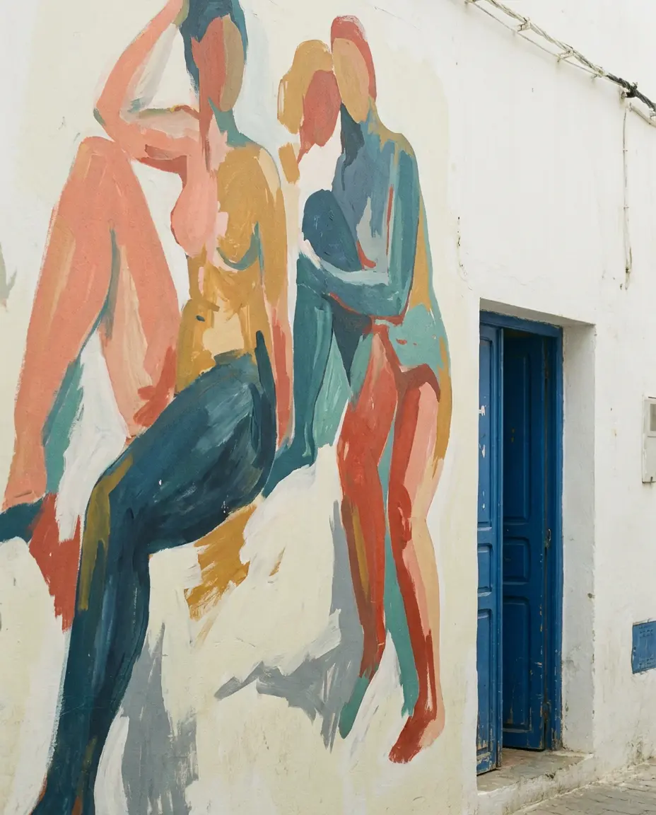 Une fresque du Moussem sur un mur chaulé d'Asilah